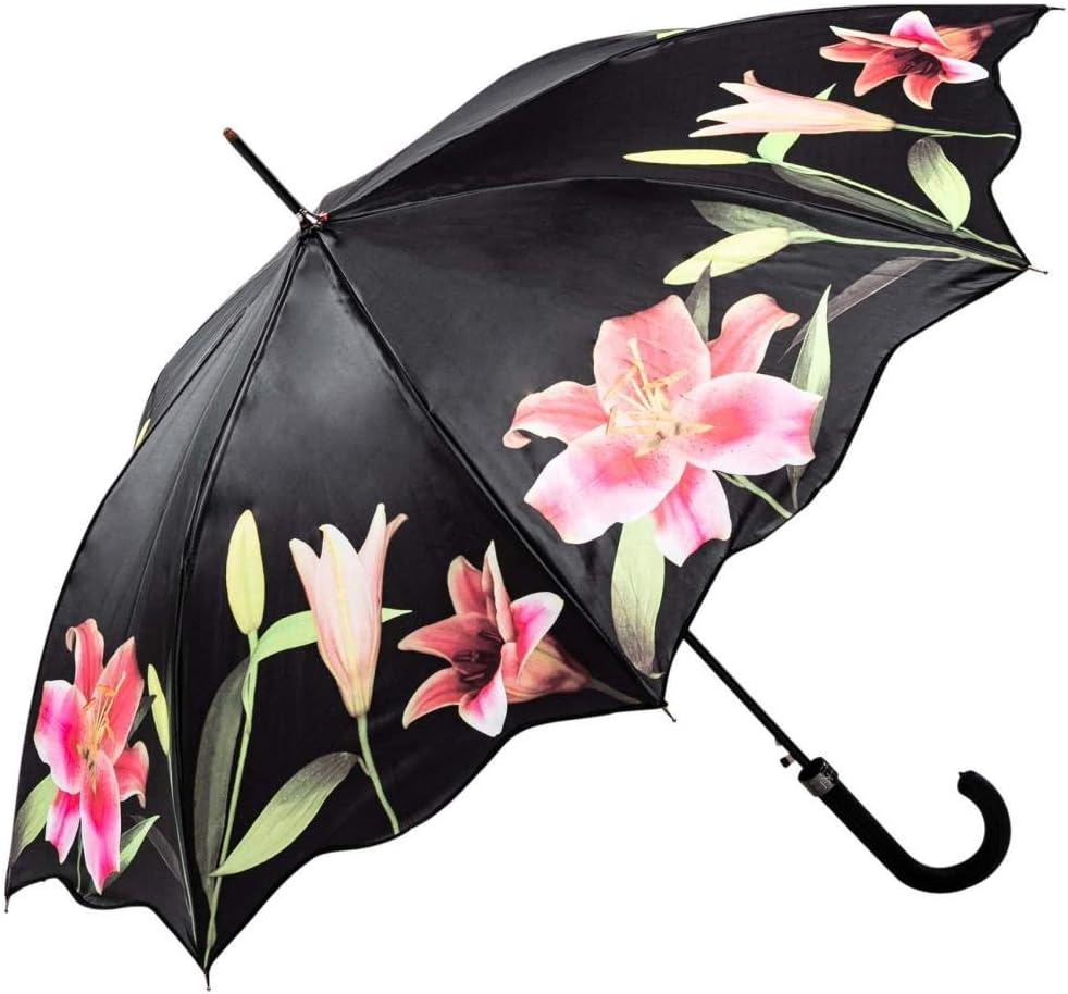 LUCKYWEATHER Regenschirm Stockschirm Damen Motiv Lilien Auf-Automatik I Stockregenschirm gross und s