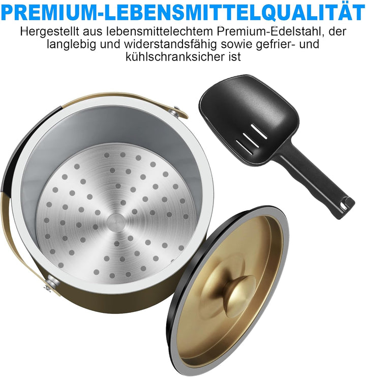 3.2L Moderner isolierter Eiskübel mit Silikondeckel, Schaufel, Sieb, doppelwandiger Edelstahl-Eisküb