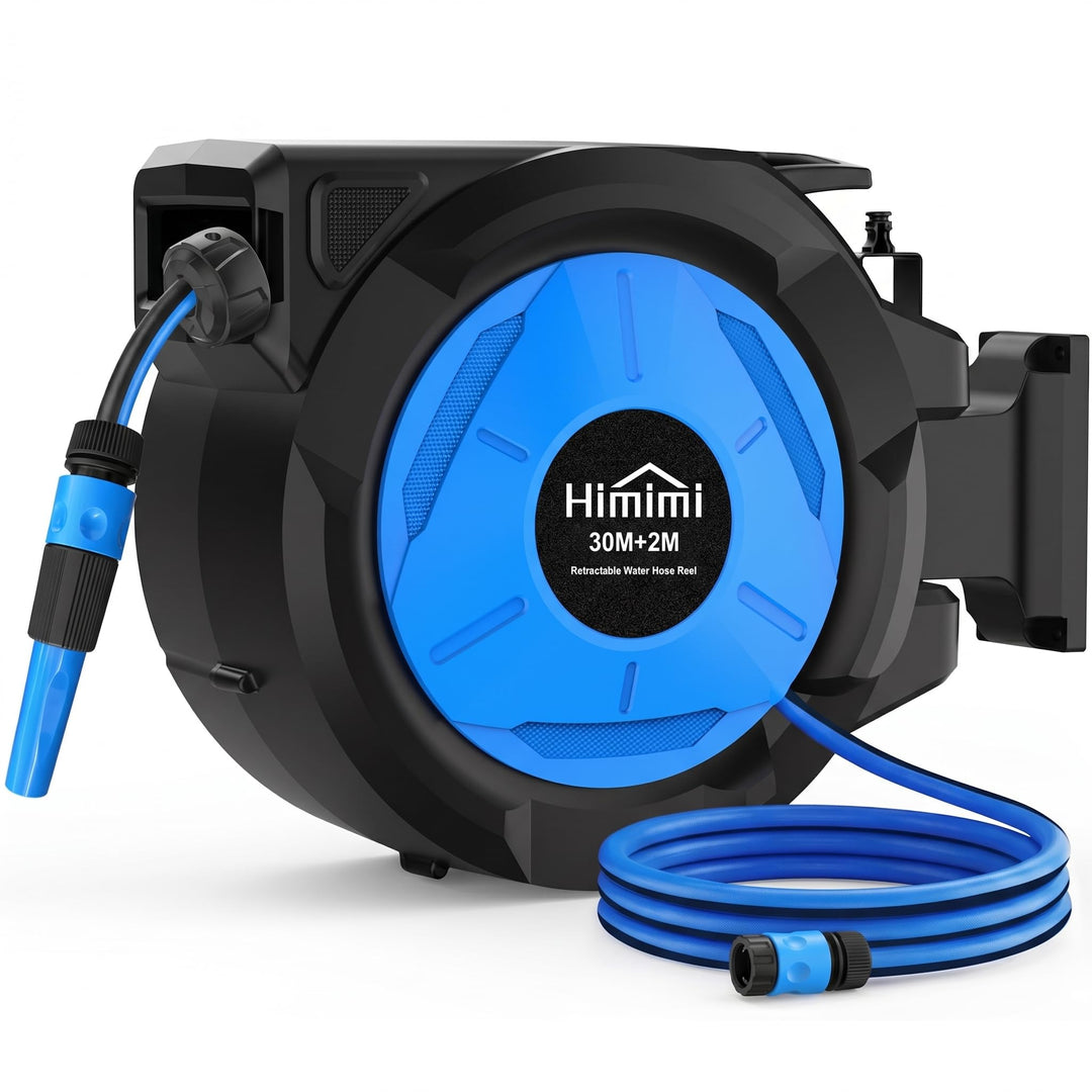Himimi Ausziehbare Wand-Schlauchtrommel, 30 m + 2 m 1/2-Zoll-Schlauch, automatische Schlauchaufrolle