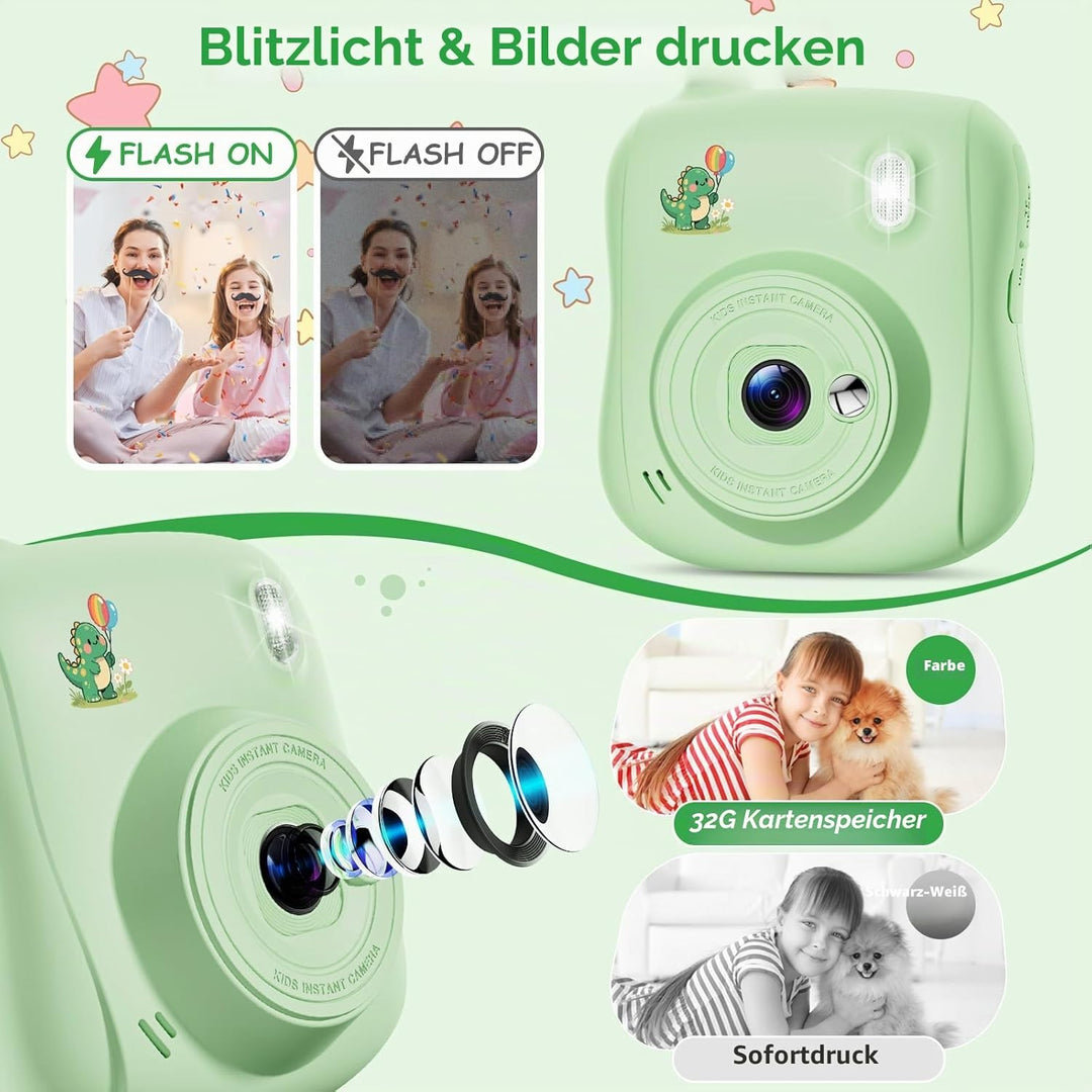 Hangrui Kinderkamera Sofortbildkamera, 14MP Sofortbildkamera Kinder mit 32G Karte & Druckpapier, 108
