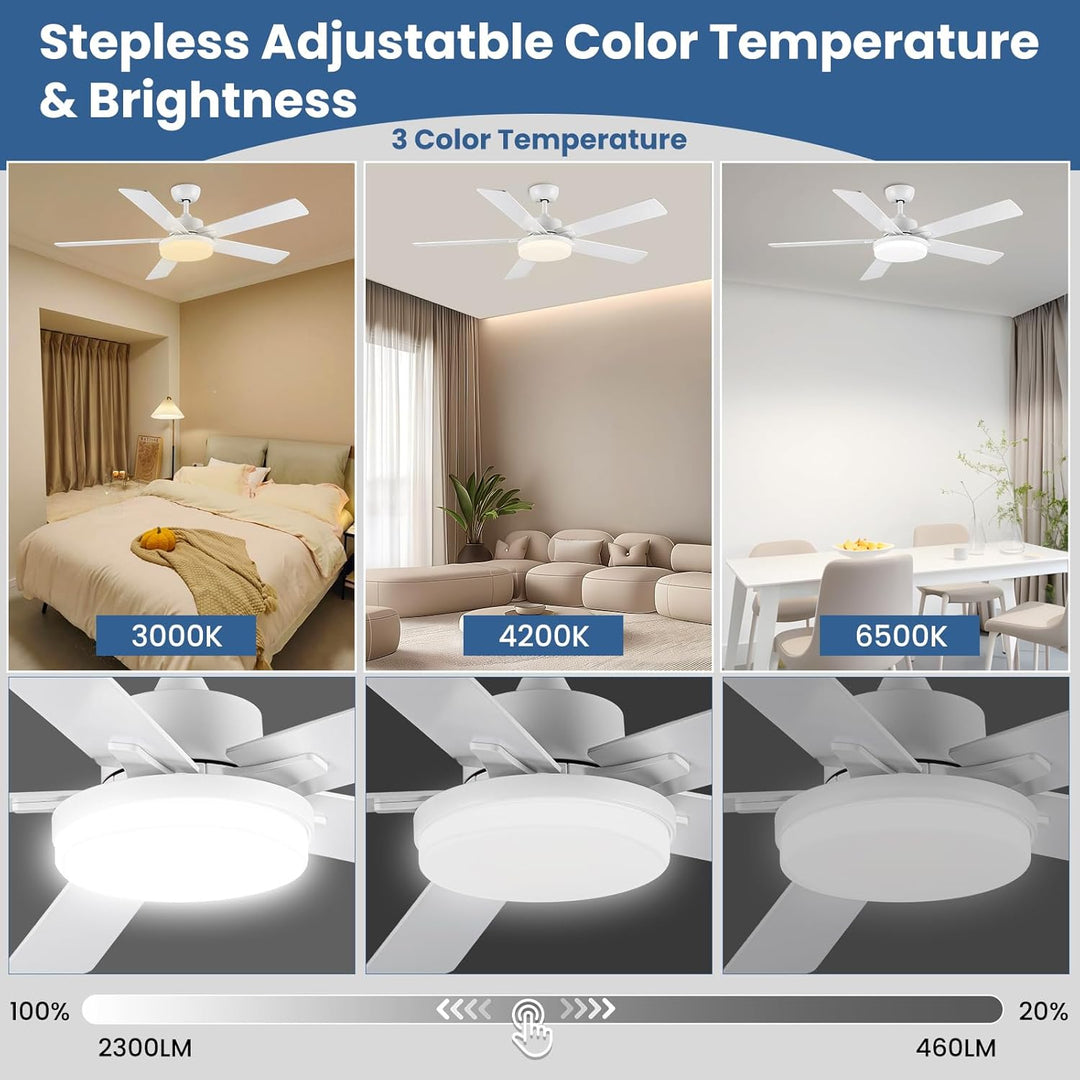 Newday 132cm Grosse Deckenventilatoren Weiss mit Beleuchtung und Fernbedienung Leise, 5 Flügel, Dimm