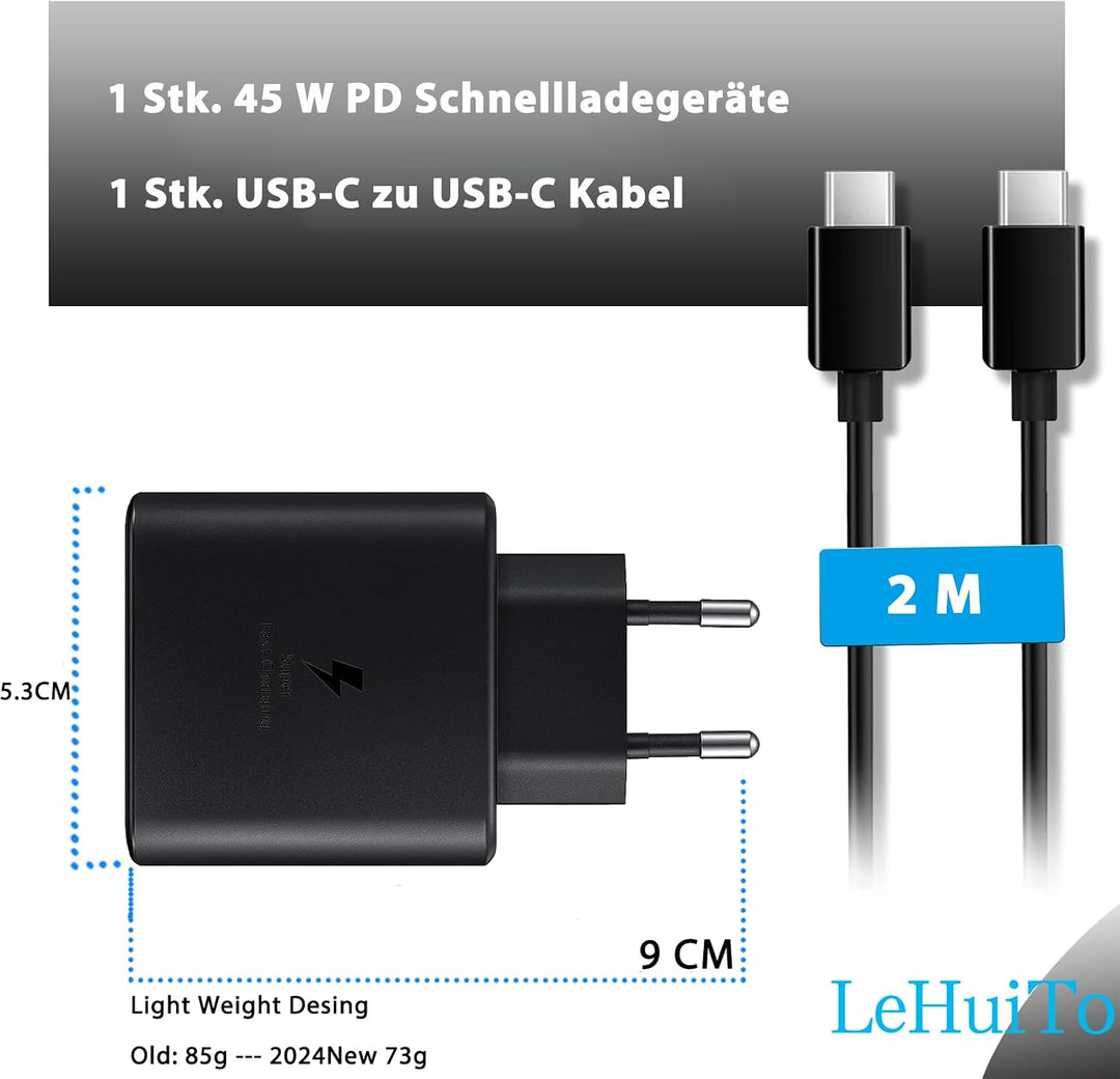 1 Pack 45W USB C Schnellladegerät mit 2m USB-C Schnellladekabel, PPS-Schnellladen Netzteil für Samsu