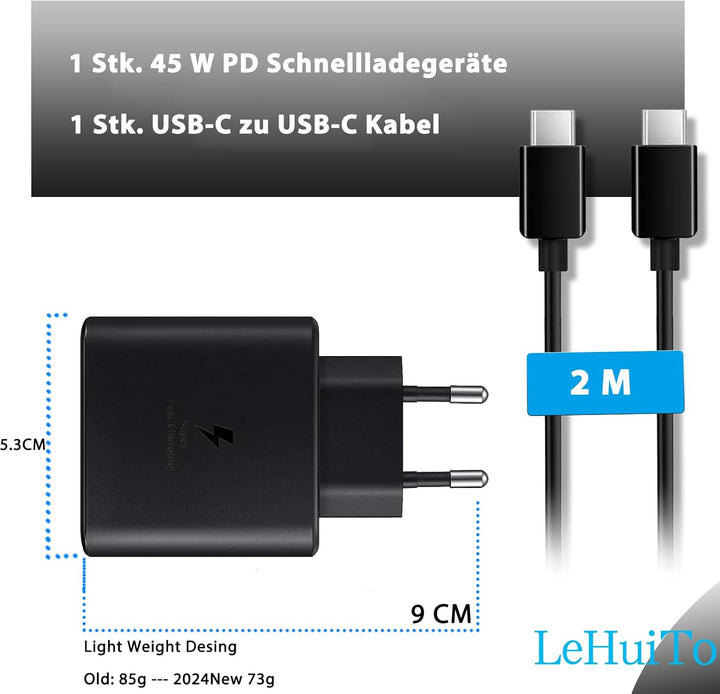 1 Pack 45W USB C Schnellladegerät mit 2m USB-C Schnellladekabel, PPS-Schnellladen Netzteil für Samsu