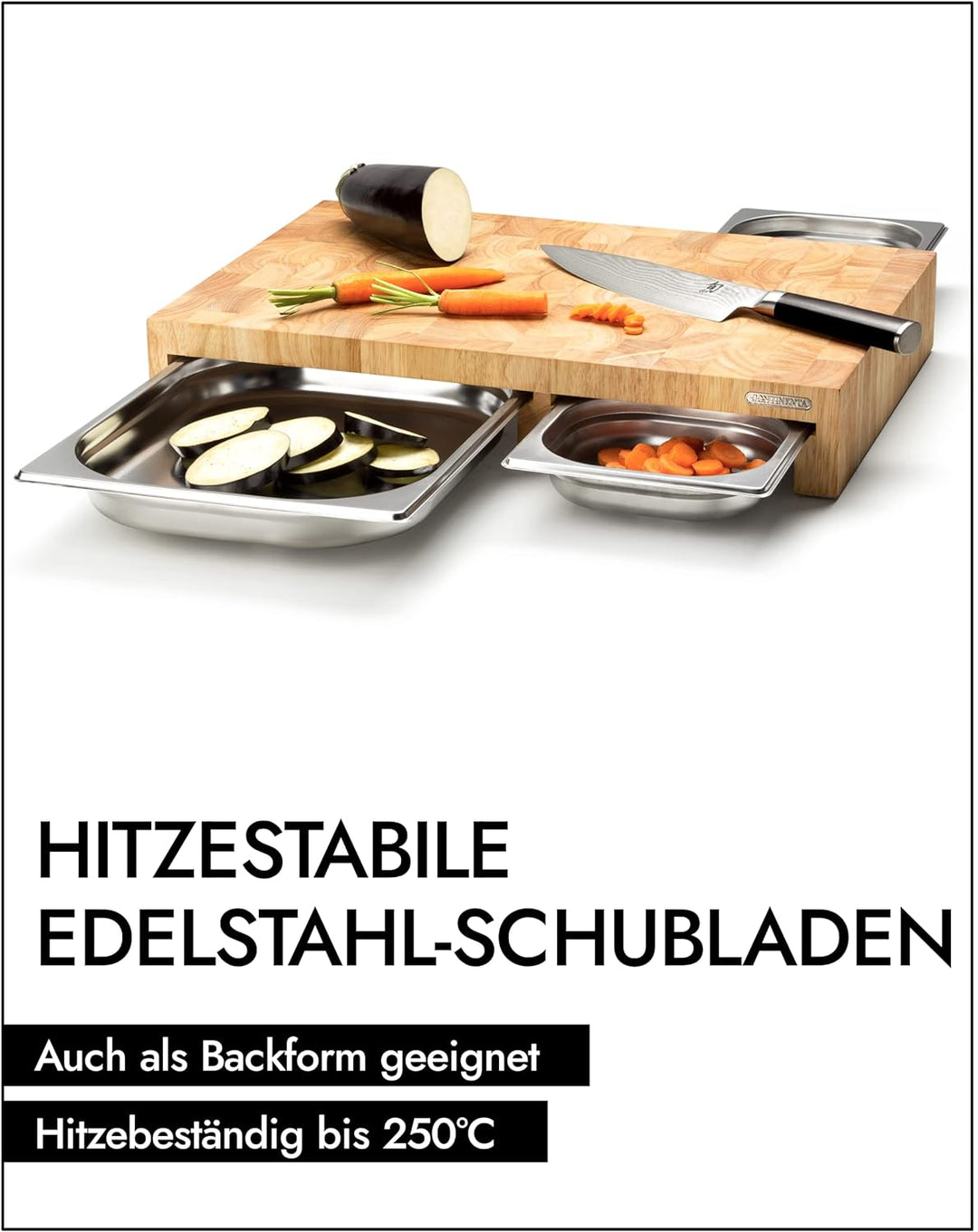 CONTINENTA Schneidebrett Mit 3 Auffangschalen | Holzbrett Mit Hitzebeständigem Edelstahl-Tablett | A