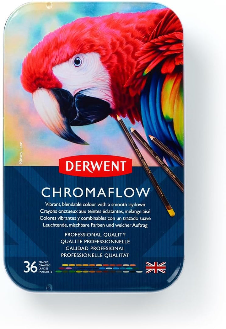 Derwent Chromaflow Buntstifte im 36er Set in Metallbox, 3,5 mm Minenstärke, Mischbar mit Geschmeidig