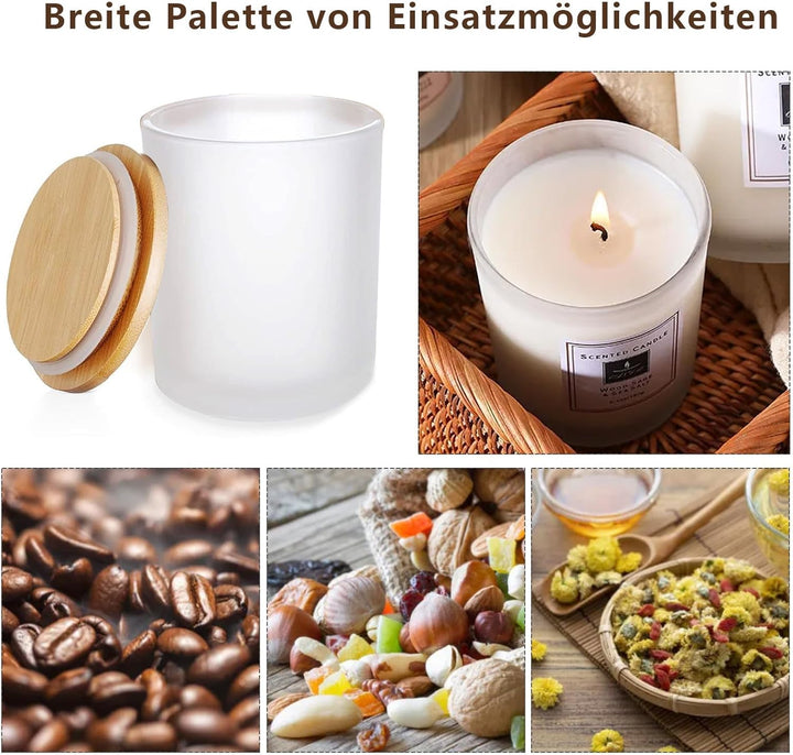 6er-Pack Kerzengläser mit Bambusdeckel (200ml) - 3mm Dickwandiges & Hitzebeständiges Glas - Elegante
