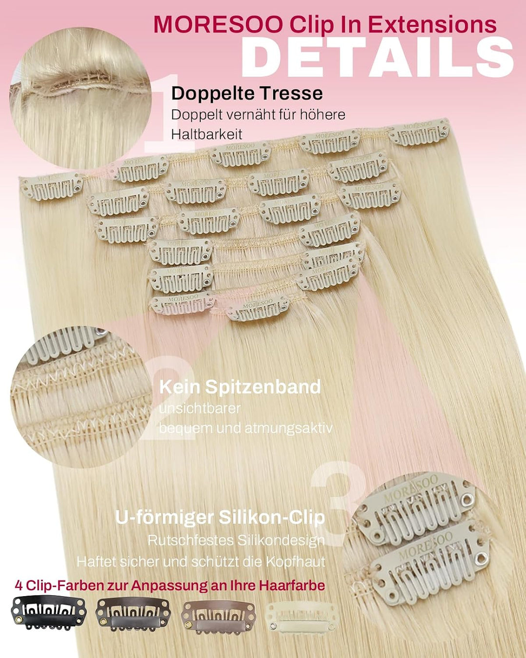 Moresoo Clip in Extensions Echthaar Blond Remy Echthaar Extensions Clip Platinblond Doppelt Tressen