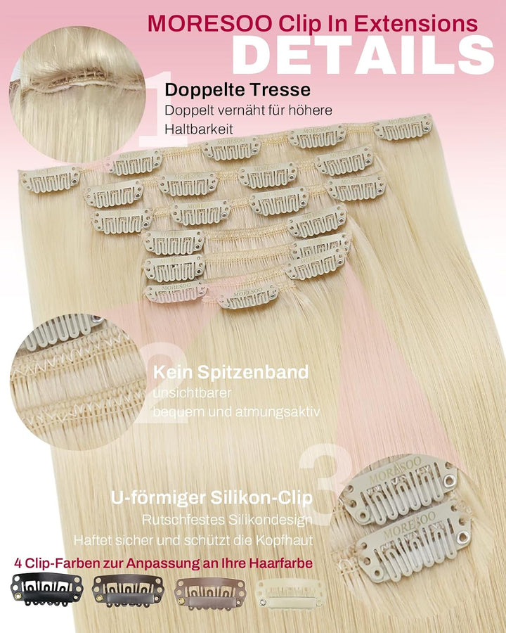 Moresoo Clip in Extensions Echthaar Blond Remy Echthaar Extensions Clip Platinblond Doppelt Tressen