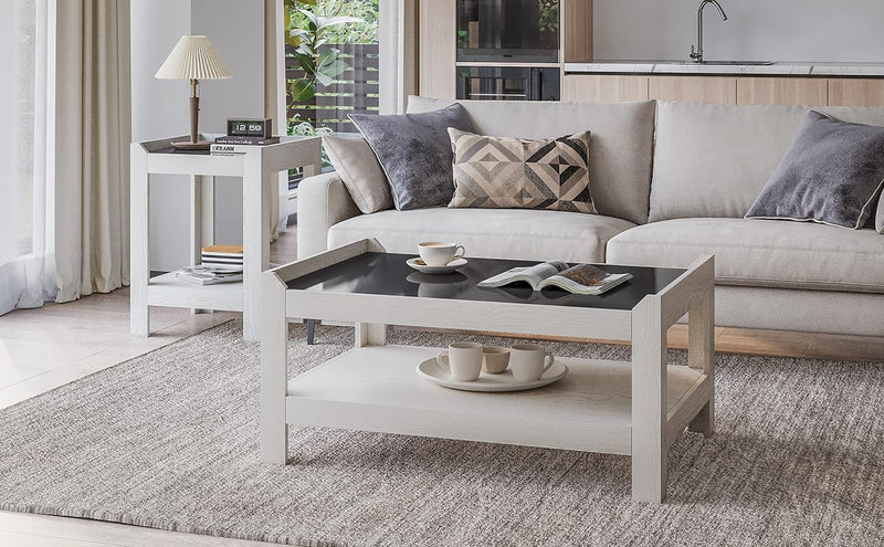 Mondeer Couchtisch, Wohnzimmertisch mit Gehärtetem Glas Moderner Stil für Wohnzimmer Büro, B90 x H43