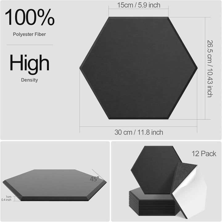 JBER 12 Pack Sechseck-Akustik-Paneele, Schallschutzschaum selbstklebend, 30 X 26 X 1cm High-Density-