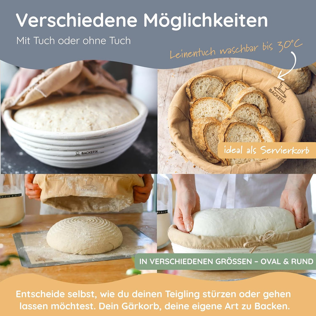 Backefix Gärkorb rund 30 cm gross | rundes Gärkörbchen für grosse Brote bis 1800g Teig | mit Leinent