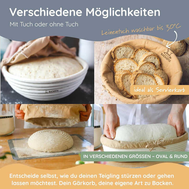 Backefix Gärkorb rund 30 cm gross | rundes Gärkörbchen für grosse Brote bis 1800g Teig | mit Leinent