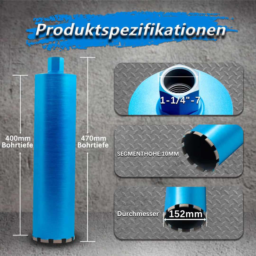 HBKEEN Diamantbohrkrone Diamant NassBohrkrone mit 1 1/4 Zoll Aufnahme Nutzlänge 400 mm DM152 mm 152m