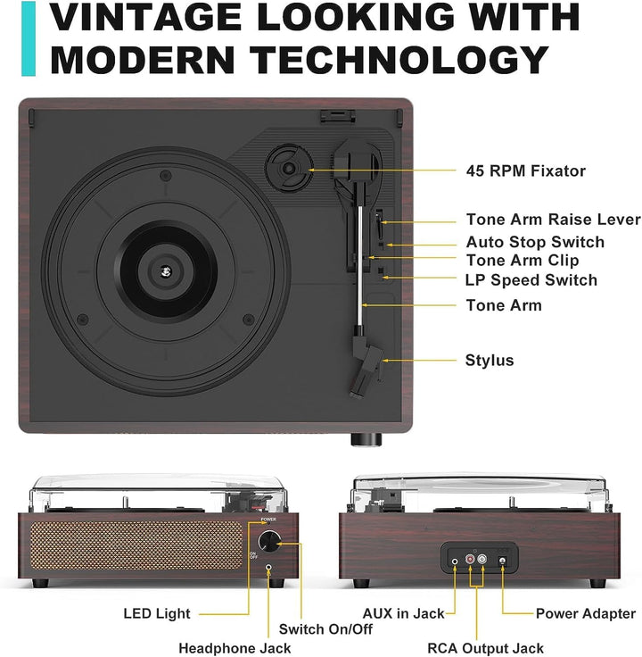 Trynnay Plattenspieler mit Lautsprecher Vinyl Schallplattenspieler Wireless LP Phonograph mit Eingeb