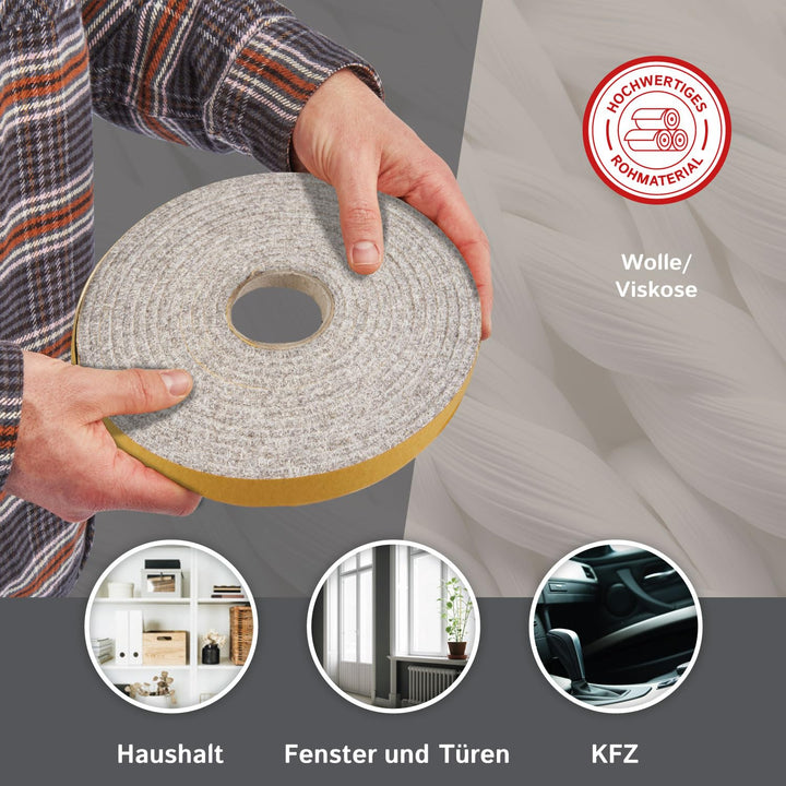 The Felt Store Filzband selbstklebend, 30mm breit, 4mm stark, 4m lang, Grau meliert, Klapperschutz,