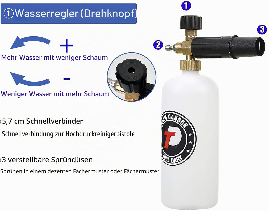 Schaumkanone mit 1/4 Inch Schnellverbindungsstick, 1 Liter Flasche, 5 Hochdruckreiniger Düsekopf 1/4