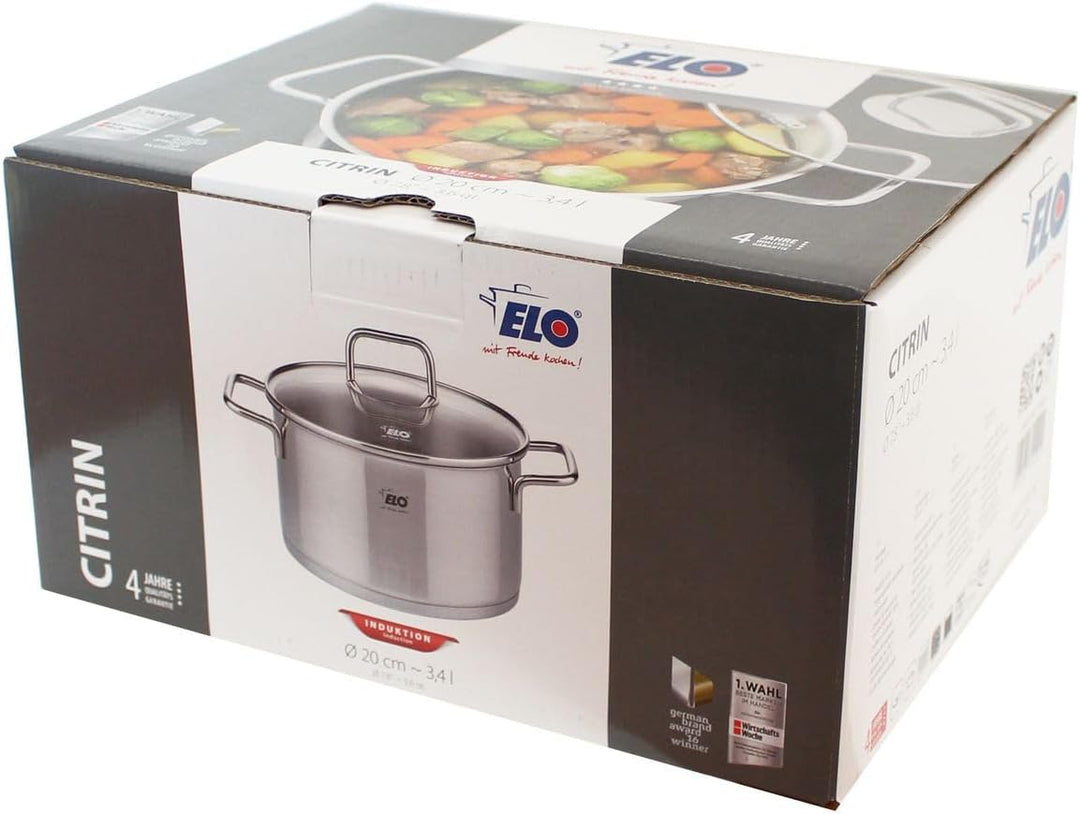 Elo 7242026 Kochtopf aus Edelstahl, 20 cm Durchmesser, Kochtopf und Glasdeckel, geeignet für alle He