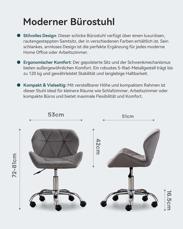 HNNHOME Eris Schreibtischstuhl, moderner, gepolsterter Samt, Drehstuhl, aus Stoff, höhenverstellbar,