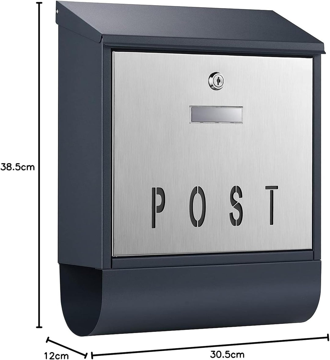 Wiltec Designer Briefkasten V38 Anthrazit und Edelstahl 305 x 105 x 385 mm, Wandbriefkasten mit Schl