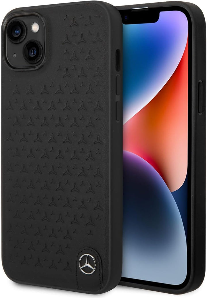 CG MOBILE Mercedes-Benz Schutzhülle für iPhone 14 Max (echtes Leder, mit Sternmuster) Schwarz