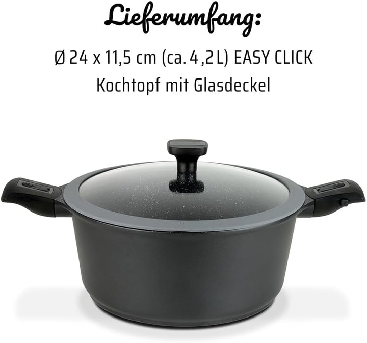 GSW 167857 Easy Click Kochtopf mit Glasdeckel und abnehmbaren Griffen, Aluminium, schwarz - ⌀24 cm 1