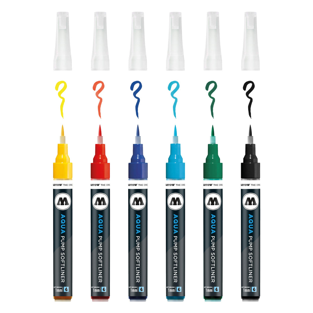 Molotow MO200462 Pump Softliner Aqua, 1 mm, sortiert 6er Etui, primärgelb/zinnoberrot/primärblau/cya