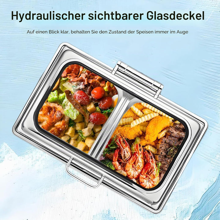 Chafing Dish Elektrisch, Edelstahl Speisewärmer Buffetwärmer 9L mit Sichtbarem Glasdeckel, Einstellb