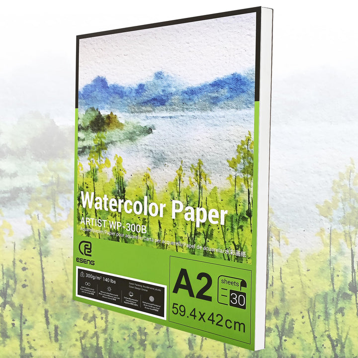ESENG® Premium Aquarellpapier DIN A2, 100% Baumwolle - 30x Blätte - 300GSM - Weiss, Aquarellblock, M