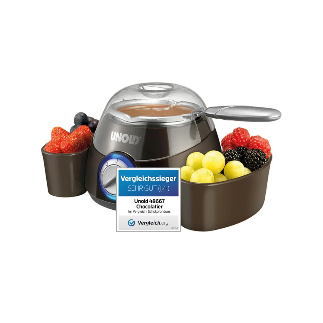 UNOLD 48667 CHOCOLATIER Schokoladen Fondue Schmelztopf inkl. Giessformen mit Zubehör, 2 Heizstufen,