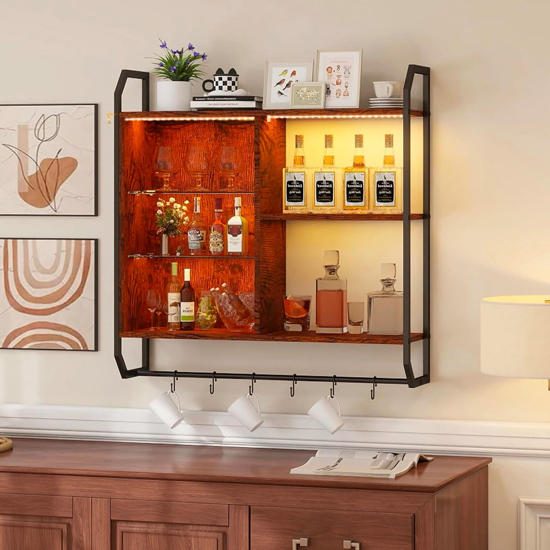 YOURLITE Weinregal Wand, Bar Regal Wand mit LED-Licht, Schwebende Regale, Wandregal mit Verstellbare