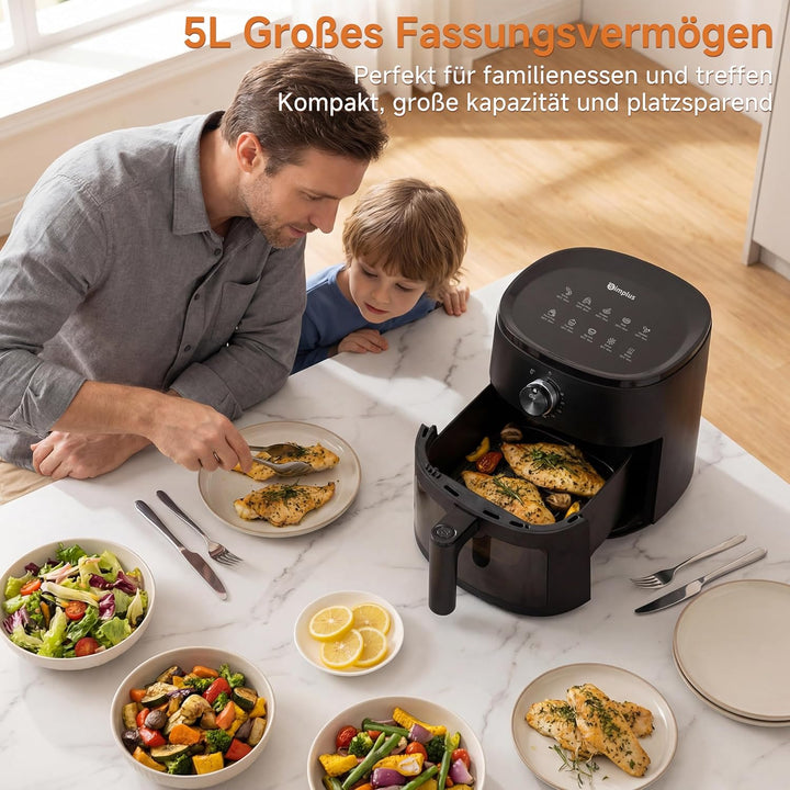 SIMPLUS Heissluftfritteuse 5L mit Sichtfenster, 1300W Airfryer, leise 43,2 dB, platzsparend, Heisslu