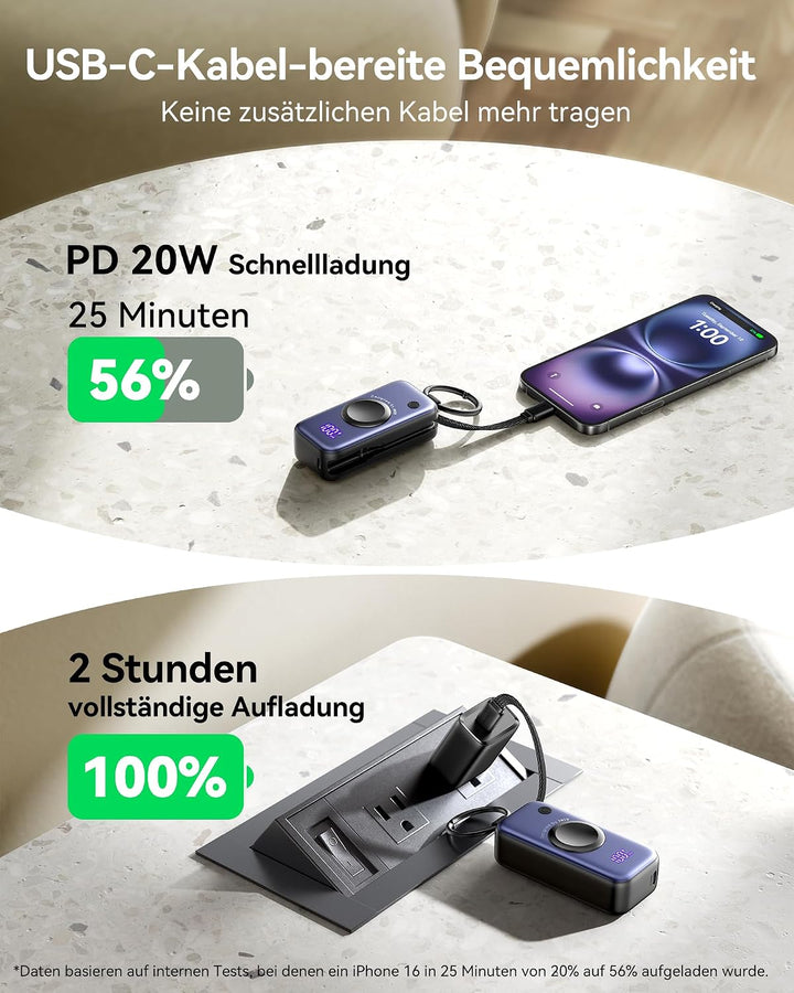 INIU Power Bank für Apple Watch, 5000mAh Powerbank mit eingebautem Kabel, Schlankes Reise Schlüssela