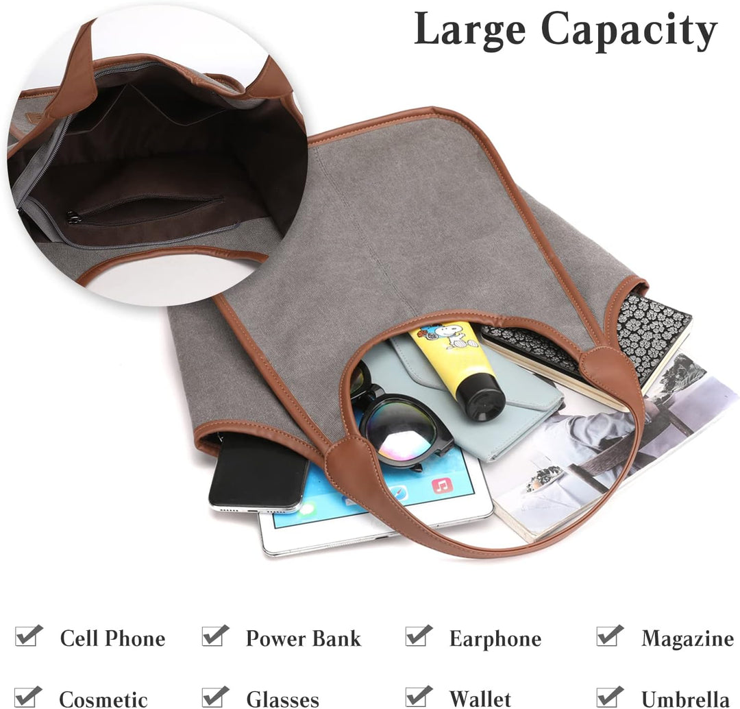 PORRASSO Damen Handtasche Canvas Hobo Schultertasche Fraue Shopper Henkeltasche für Einkaufen Schule