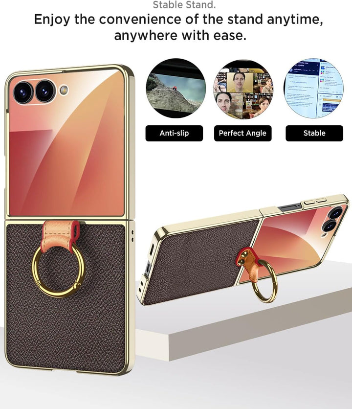Miimall Lederhülle Kompatibel mit Samsung Galaxy Z Flip 7 Hülle mit Band+Ring Ständer [HD Displaysch