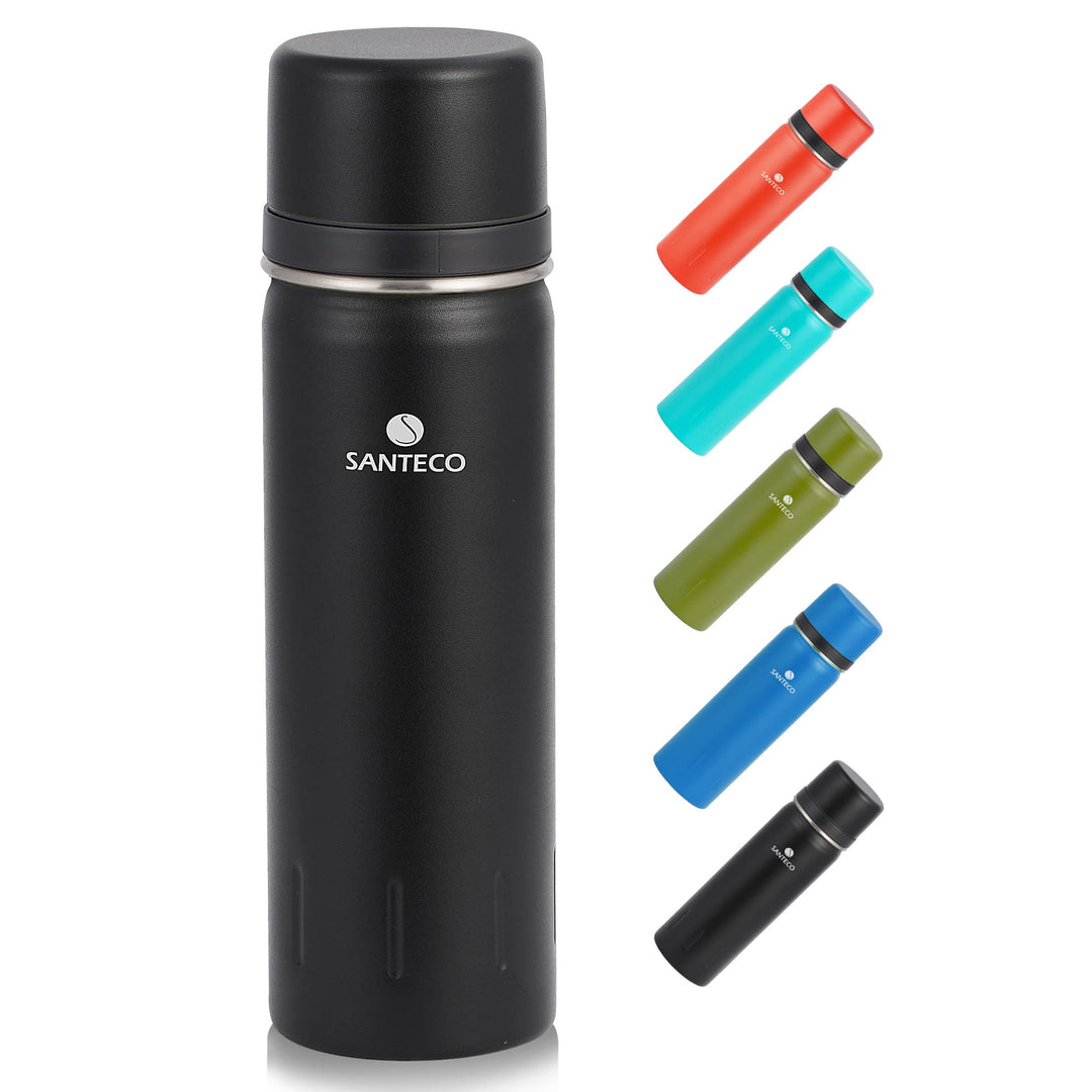 SANTECO Thermosflasche Edelstahl - 500ml, 1l - Thermoskanne mit Trinkbecher für unterwegs, Thermobec