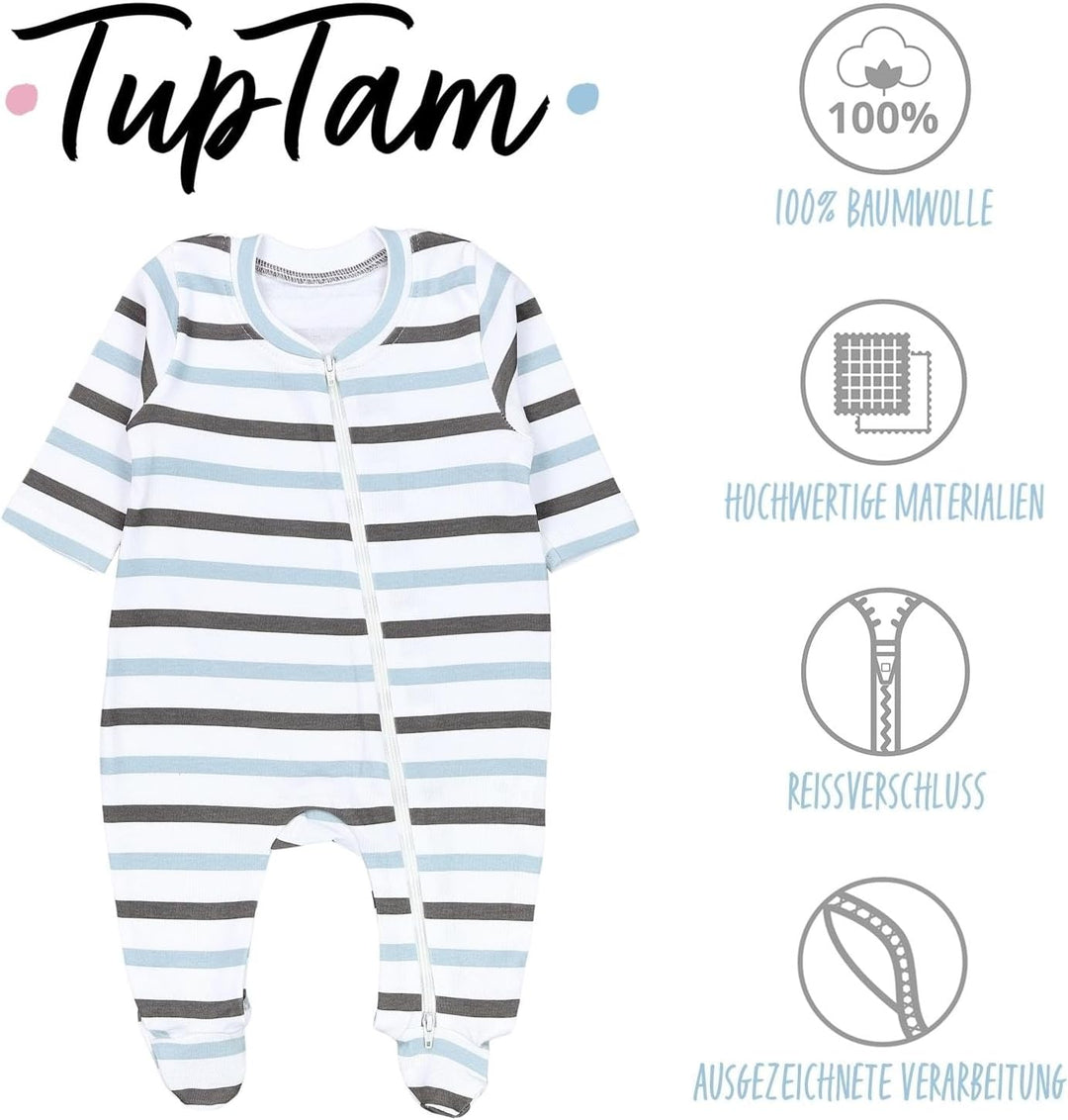 TupTam Unisex Schlafstrampler 3er Pack Baumwolle mit Reissverschluss 56 Streifen Beige Grau Blau, 56