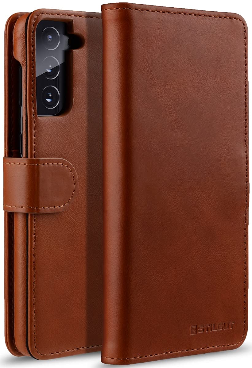 STILGUT Talis kompatibel mit Samsung Galaxy S21 5G Hülle mit Kartenfach aus Leder, Flip Cover, Walle