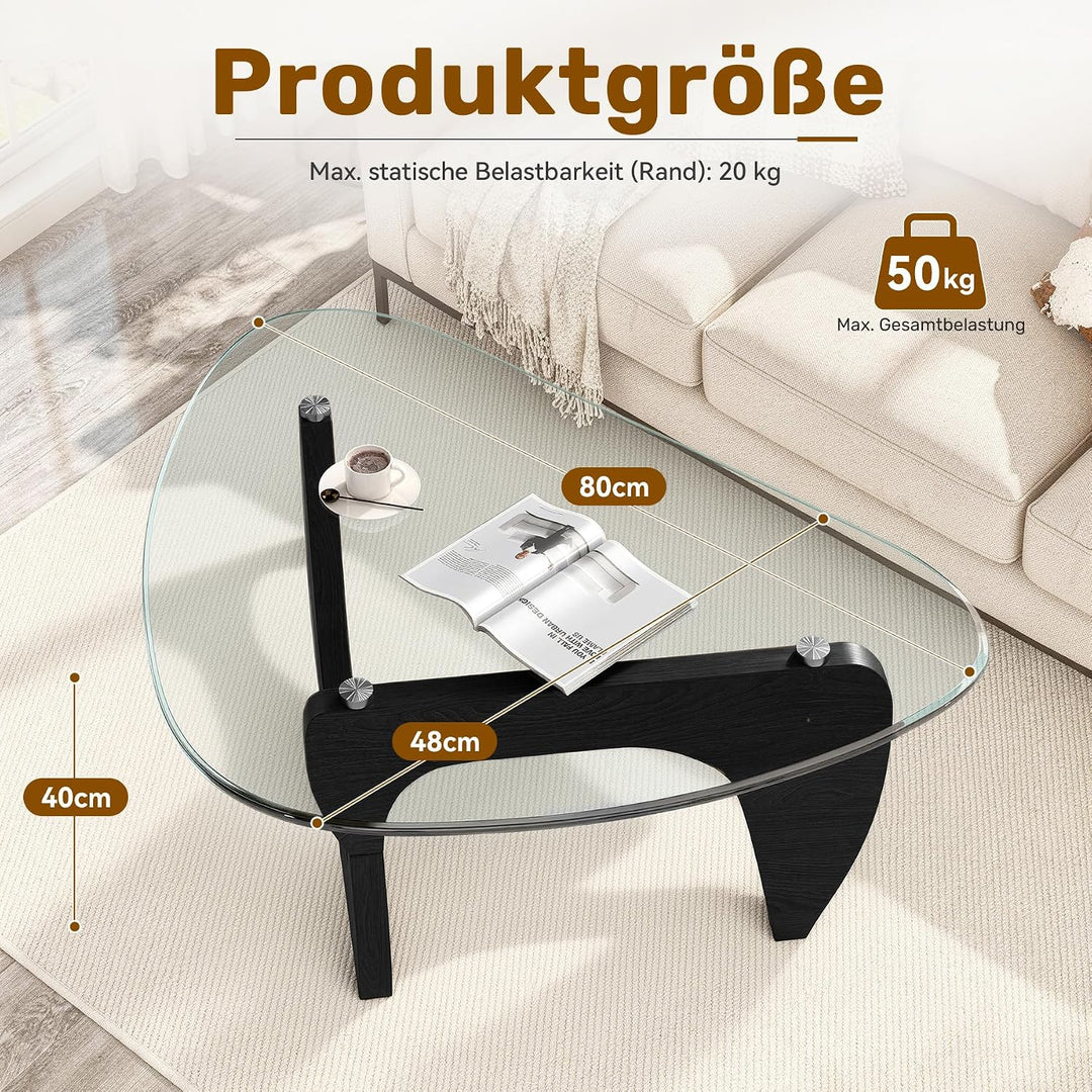 Dreieckiger Beistelltisch, Couchtisch Glas Transparent, Kleiner Wohnzimmertisch Minimalismus, MDF Ho