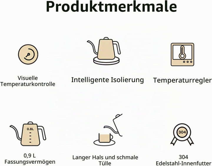 Wasserkocher mit Temperatureinstellung, 0.9L Schwarz Schwanenhals Wasserkocher 1200W Elektrischer Ed