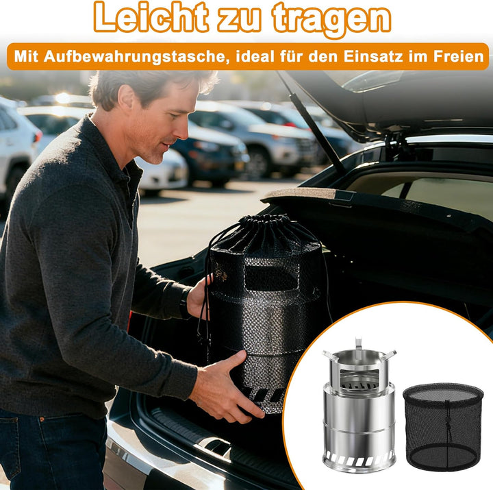 Holzofen Campingkocher aus Edelstahl, Hobo Kocher mit rutschfestem Topfständer für Pfannen, Töpfe &