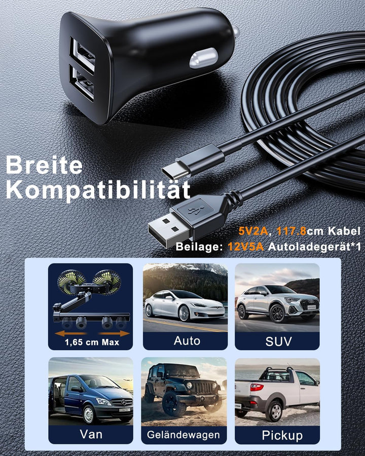 Akku Ventilator Auto,Kopfstütze Leise Lüfter【inkl. 12V 24V Zigarettenanzünder &amp; USB C Ladekabel】 360