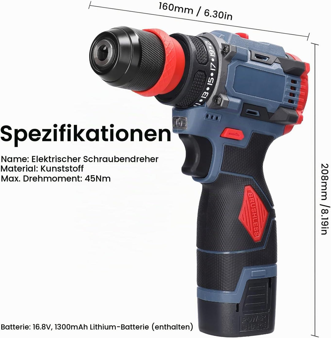 Akkuschrauber Klein 16,8V Mini Akku Bohrschrauber mit 2x 1300 mAh Akkus, max. 45 Nm, 21+1 Drehmoment