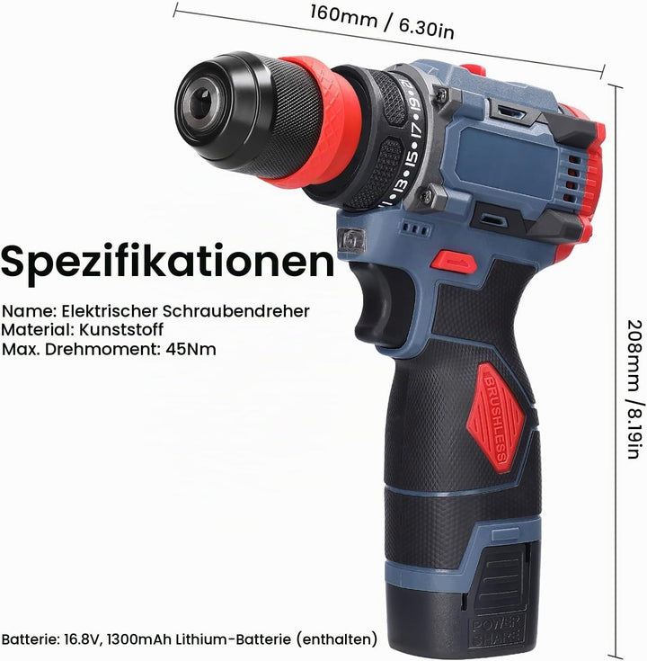 Akkuschrauber Klein 16,8V Mini Akku Bohrschrauber mit 2x 1300 mAh Akkus, max. 45 Nm, 21+1 Drehmoment