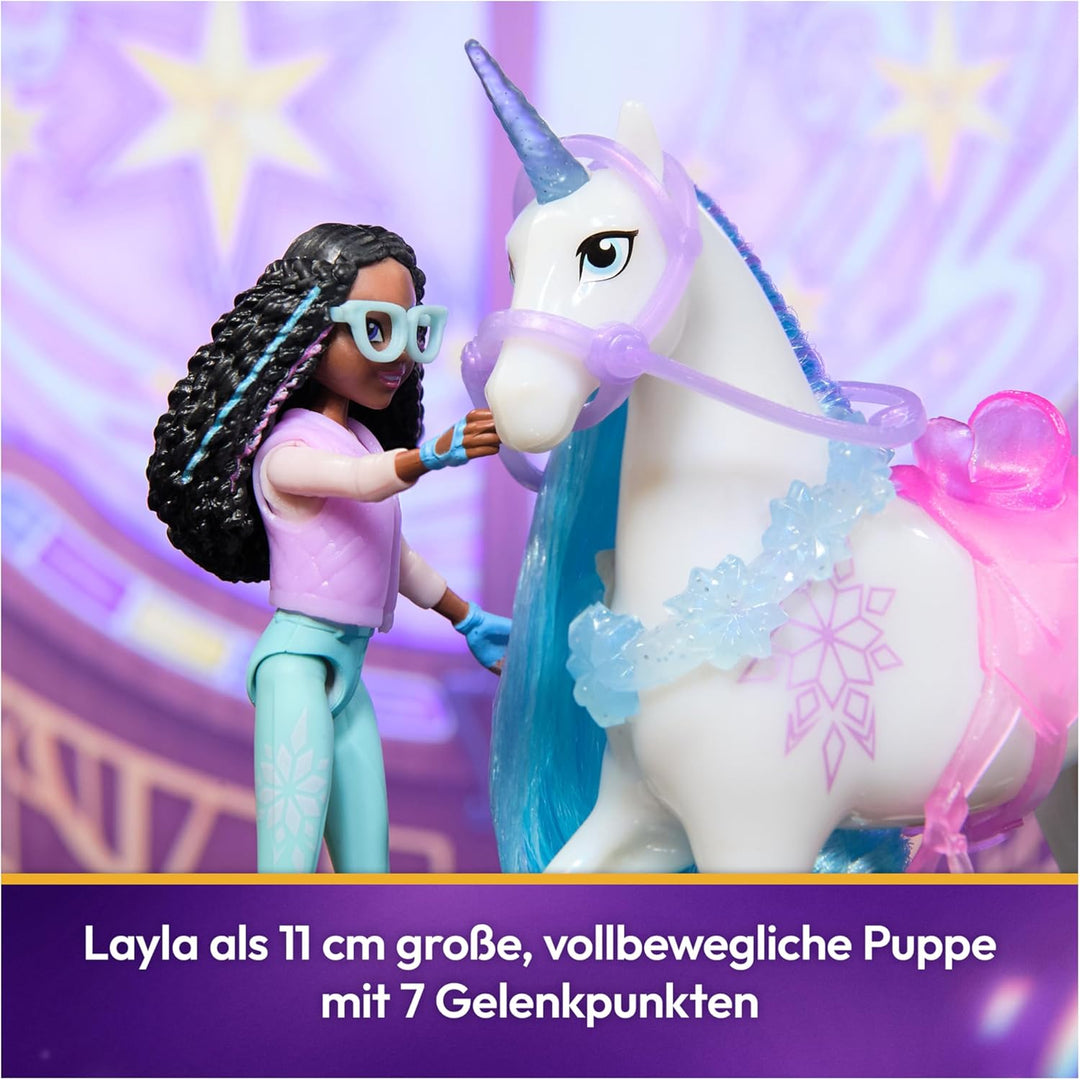 Unicorn Academy Set - Layla und Einhorn Glacier mit echter Mähne und Schweif sowie Bürste, ca. 12 cm
