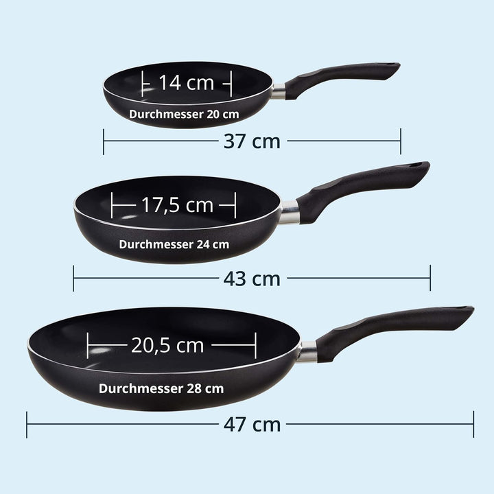 KHG 3er Set Bratpfannen 20 cm 24 cm 28 cm - Pfannenset 3-teilig aus Aluminium Induktion Antihaft - K
