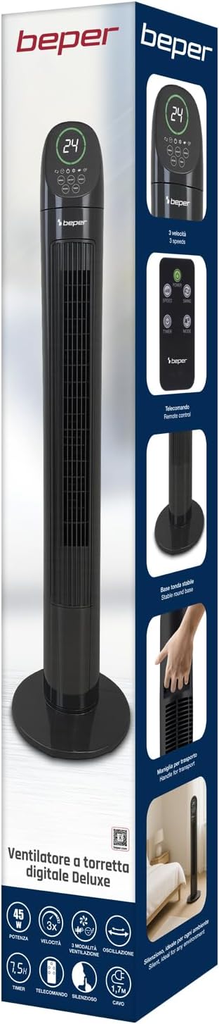 BEPER P206VEN310 Deluxe Digitaler Turmventilator mit Fernbedienung, leiser Turmventilator, 3 Geschwi