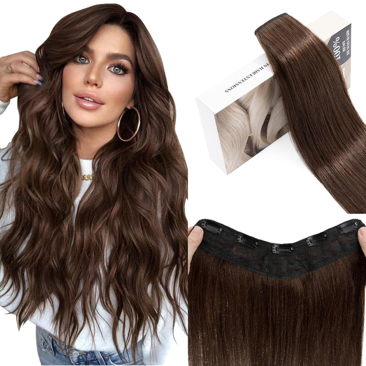 UK FASHION SHOP Clip Extensions In 100% Remy Echthaar für Frauen mittelbraun glatt dick V-Form ein S
