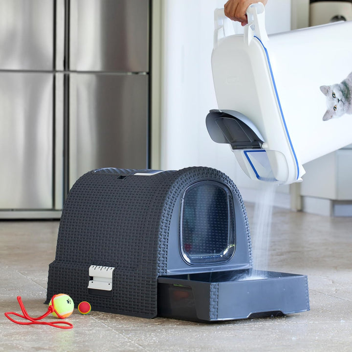 Curver 2068961 petlife Katzentoilette mit Deckel, Katzenklo inklusive Schaufel, moderne Rattangeflec