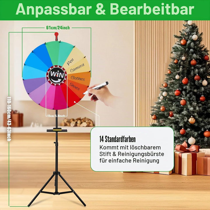 61CM Glücksrad zum Drehen |14 Farben | Höhenverstellbar 1-1.6m| Glücksrad Drehrad Spielzeug mit Stif