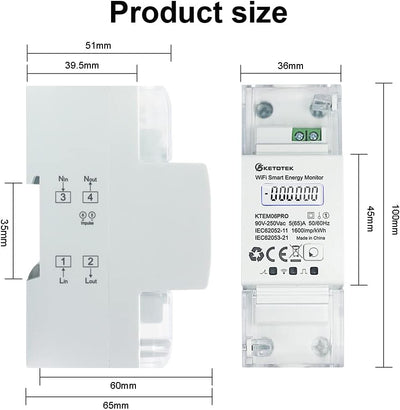 KETOTEK Smart Stromzähler Hutschiene 1 Phasig Bidirektional, Digital Energiezähler WLAN 5(65) A 90-2